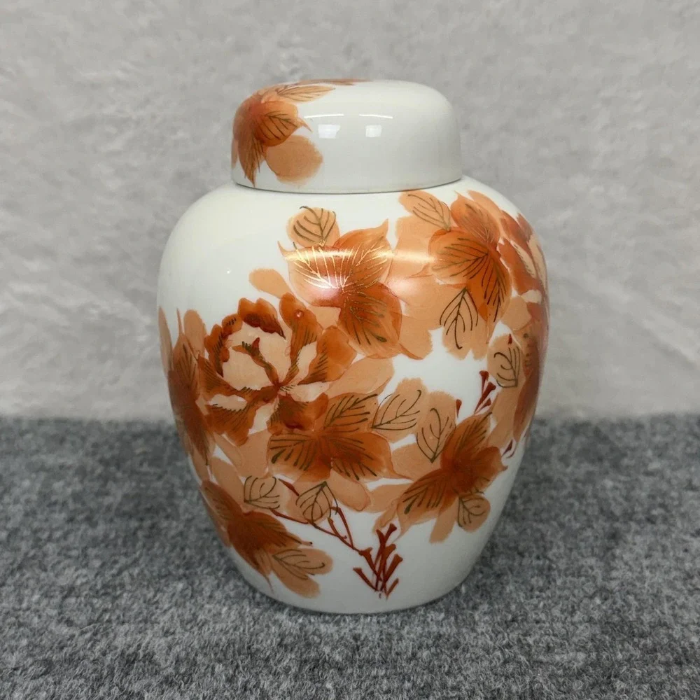 Vintage Asian Ginger Jar Copper Gold Floral Porcelain Lidded Vase Urn 6 In
